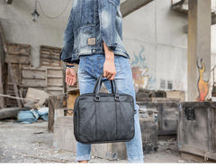 Black Leather Mens 14 inches Briefcase Work Bag Laptop Bag Business Bag for Men - imessengerbags