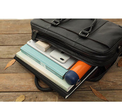 Black Leather Mens 14 inches Briefcase Work Bag Laptop Bag Business Bag for Men - imessengerbags