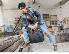 Black Leather Mens 14 inches Briefcase Work Bag Laptop Bag Business Bag for Men - imessengerbags