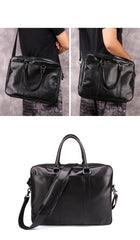 Black Leather Mens 15.6 inches Laptop Work Bag Handbag Briefcase Black Shoulder Bag Business Bags For Men - imessengerbags