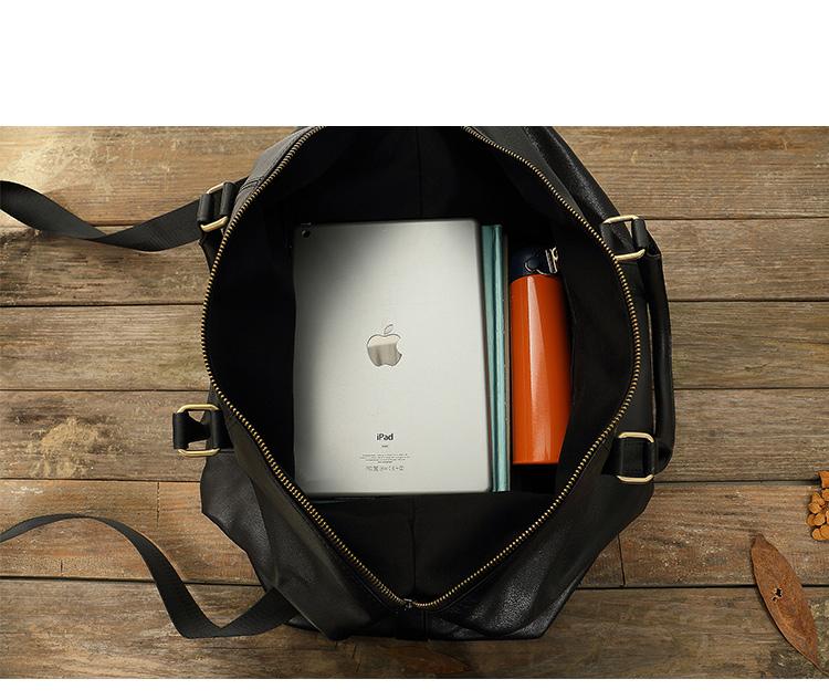 black leather travel bag men's Black Leather Mens 16" Weekender Bag Travel Shoulder Bag Black Luggage Duffle Bag for Men