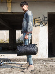 Fashion Black Leather Mens 16 inches Weekender Bag Black Side Bag Travel Shoulder Bags Duffle Bags for men - imessengerbags