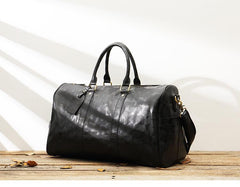 Fashion Black Leather Mens 16 inches Weekender Bag Black Side Bag Travel Shoulder Bags Duffle Bags for men