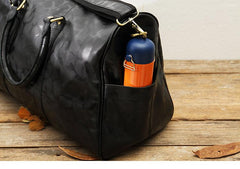 Fashion Black Leather Mens 16 inches Weekender Bag Black Side Bag Travel Shoulder Bags Duffle Bags for men - imessengerbags