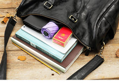 Fashion Black Leather Mens 16 inches Weekender Bag Black Side Bag Travel Shoulder Bags Duffle Bags for men - imessengerbags
