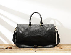 Fashion Black Leather Mens 16 inches Weekender Bag Black Side Bag Travel Shoulder Bags Duffle Bags for men - imessengerbags