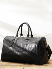 Fashion Black Leather Mens 16 inches Weekender Bag Black Side Bag Travel Shoulder Bags Duffle Bags for men - imessengerbags