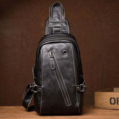 Black Leather Mens Cool Sling Bags Crossbody Pack Black Sling Pack Chest Bags for men - imessengerbags