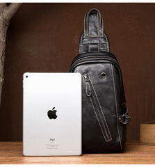 Black Leather Mens Cool Sling Bags Crossbody Pack Black Sling Pack Chest Bags for men - imessengerbags