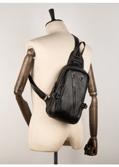 Black Leather Mens Cool Sling Bags Crossbody Pack Black Sling Pack Chest Bags for men - imessengerbags