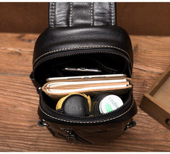 Black Leather Mens Cool Sling Bags Crossbody Pack Black Sling Pack Chest Bags for men - imessengerbags