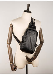 Black Leather Mens Cool Sling Bags Crossbody Pack Black Sling Pack Chest Bags for men - imessengerbags