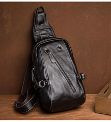 Black Leather Mens Cool Sling Bags Crossbody Pack Black Sling Pack Chest Bags for men