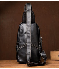 Black Leather Mens Cool Sling Bags Crossbody Pack Black Sling Pack Chest Bags for men - imessengerbags