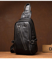 Black Leather Mens Cool Sling Bags Crossbody Pack Black Sling Pack Chest Bags for men - imessengerbags