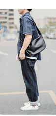 Black Leather Mens Saddle Courier Bag Messenger Bag Black Postman Bag For Men