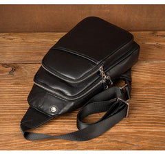 Black Leather Mens Cool Sling Bag Sling Pack Black Crossbody Packs Chest Bag for men - imessengerbags