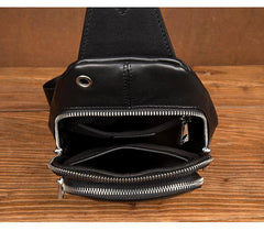 Black Leather Mens Cool Sling Bag Sling Pack Black Crossbody Packs Chest Bag for men - imessengerbags