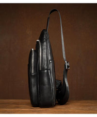 Black Leather Mens Cool Sling Bag Sling Pack Black Crossbody Packs Chest Bag for men - imessengerbags