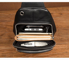 Black Leather Mens Cool Sling Bag Sling Pack Black Crossbody Packs Chest Bag for men - imessengerbags