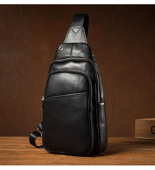 Black Leather Mens Cool Sling Bag Sling Pack Black Crossbody Packs Chest Bag for men - imessengerbags