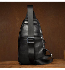 Black Leather Mens Cool Sling Bag Sling Pack Black Crossbody Packs Chest Bag for men - imessengerbags