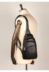 Black Leather Mens Cool Sling Bag Sling Pack Black Crossbody Packs Chest Bag for men - imessengerbags