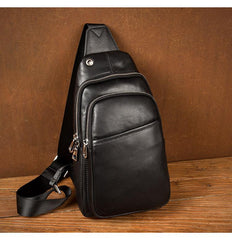 Black Leather Mens Cool Sling Bag Sling Pack Black Crossbody Packs Chest Bag for men - imessengerbags