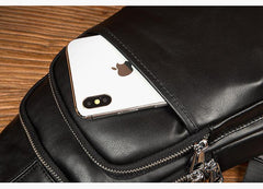 Black Leather Mens Cool Sling Bag Sling Pack Black Crossbody Packs Chest Bag for men - imessengerbags