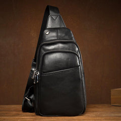 Black Leather Mens Cool Sling Bag Sling Pack Black Crossbody Packs Chest Bag for men - imessengerbags