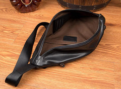 Black Leather Mens 8 inches Cool Sling Bags Crossbody Pack Black Chest Bag One Shoulder Pack for men - imessengerbags