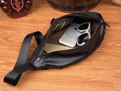 Black Leather Mens 8 inches Cool Sling Bags Crossbody Pack Black Chest Bag One Shoulder Pack for men - imessengerbags