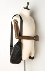 Black Leather Mens 8 inches Cool Sling Bags Crossbody Pack Black Chest Bag One Shoulder Pack for men - imessengerbags