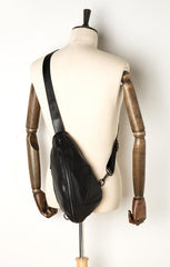 Black Leather Mens 8 inches Cool Sling Bags Crossbody Pack Black Chest Bag One Shoulder Pack for men - imessengerbags