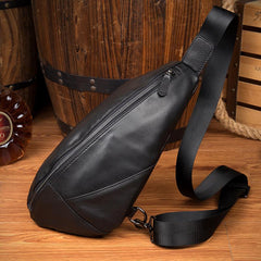 Black Leather Mens 8 inches Cool Sling Bags Crossbody Pack Black Chest Bag One Shoulder Pack for men - imessengerbags