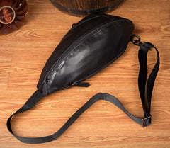 Black Leather Mens 8 inches Cool Sling Bags Crossbody Pack Black Chest Bag One Shoulder Pack for men - imessengerbags