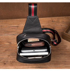 Cool Black Leather Mens Sling Bags Crossbody Pack Black Chest Bags One Shoulder Backpack for men - imessengerbags