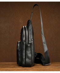 Black Leather Mens Cool Sling Pack Sling Bags Black Crossbody Packs Chest Bag for men - imessengerbags