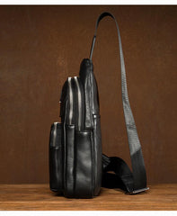 Black Leather Mens Cool Sling Pack Sling Bags Black Crossbody Packs Chest Bag for men