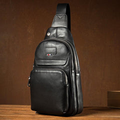 Black Leather Mens Cool Sling Pack Sling Bags Black Crossbody Packs Chest Bag for men - imessengerbags