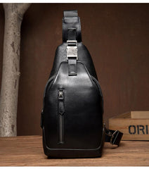 Cool Black Leather Mens Sling Bags Crossbody Pack Black Chest Bags Sling Pack for men - imessengerbags
