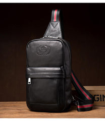 Cool Black Leather Mens Sling Bags Crossbody Pack Black Chest Bags One Shoulder Backpack for men - imessengerbags