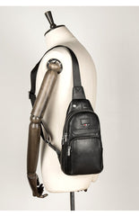 Black Leather Mens Cool Sling Pack Sling Bags Black Crossbody Packs Chest Bag for men - imessengerbags