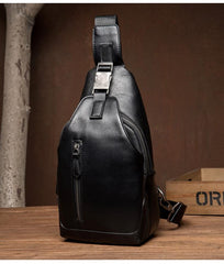 Cool Black Leather Mens Sling Bags Crossbody Pack Black Chest Bags Sling Pack for men - imessengerbags