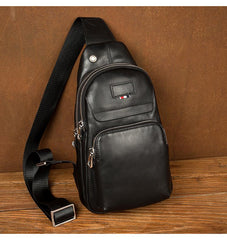 Black Leather Mens Cool Sling Pack Sling Bags Black Crossbody Packs Chest Bag for men - imessengerbags