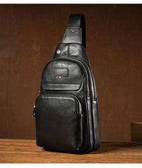 Black Leather Mens Cool Sling Pack Sling Bags Black Crossbody Packs Chest Bag for men - imessengerbags