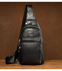 Black Leather Mens Cool Sling Pack Sling Bags Black Crossbody Packs Chest Bag for men - imessengerbags