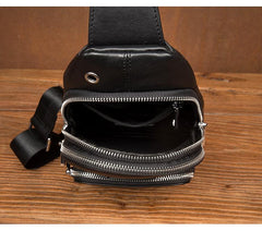 Black Leather Mens Cool Sling Pack Sling Bags Black Crossbody Packs Chest Bag for men - imessengerbags
