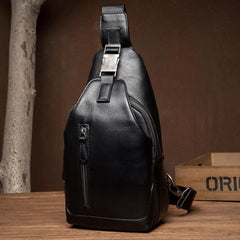 Cool Black Leather Mens Sling Bags Crossbody Pack Black Chest Bags Sling Pack for men - imessengerbags
