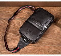 Cool Black Leather Mens Sling Bags Crossbody Pack Black Chest Bags One Shoulder Backpack for men - imessengerbags